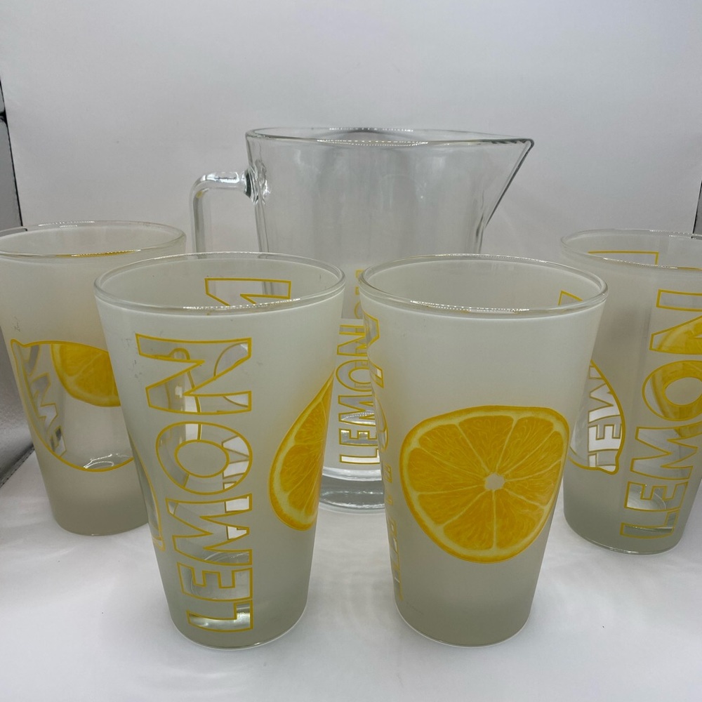 Cervé Italian frosted glass lemonade pitcher + 4 glasses. Vintage. EUC.